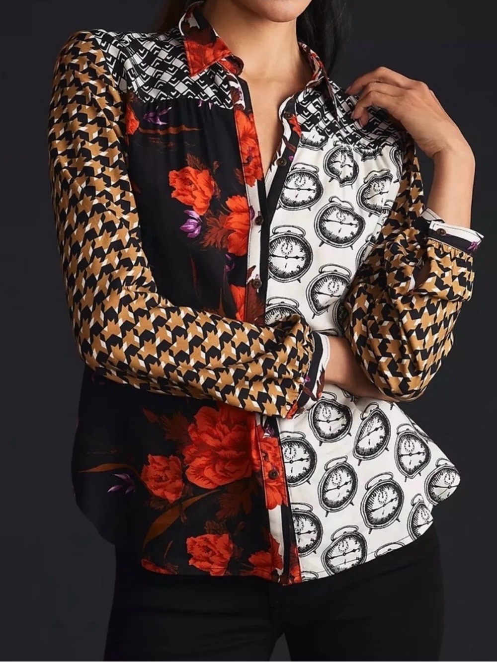 Anthropologie Maeve Mixed-Print Button-Down Shirt in Black, White & Tan